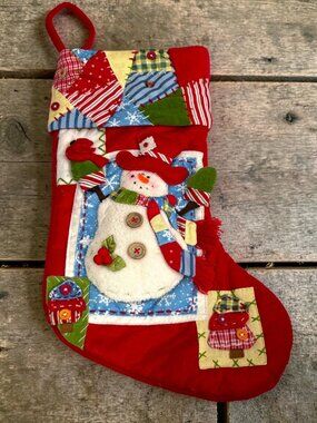 Vintage Home Interiors Christmas Stocking Snowman & Cardinal Patchwork Design 17